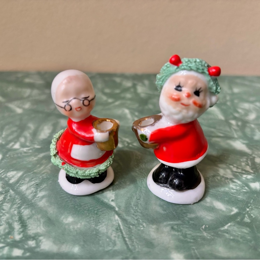 Vintage Miniature Santa and Mrs Claus Candle Holders with Spaghetti Trim